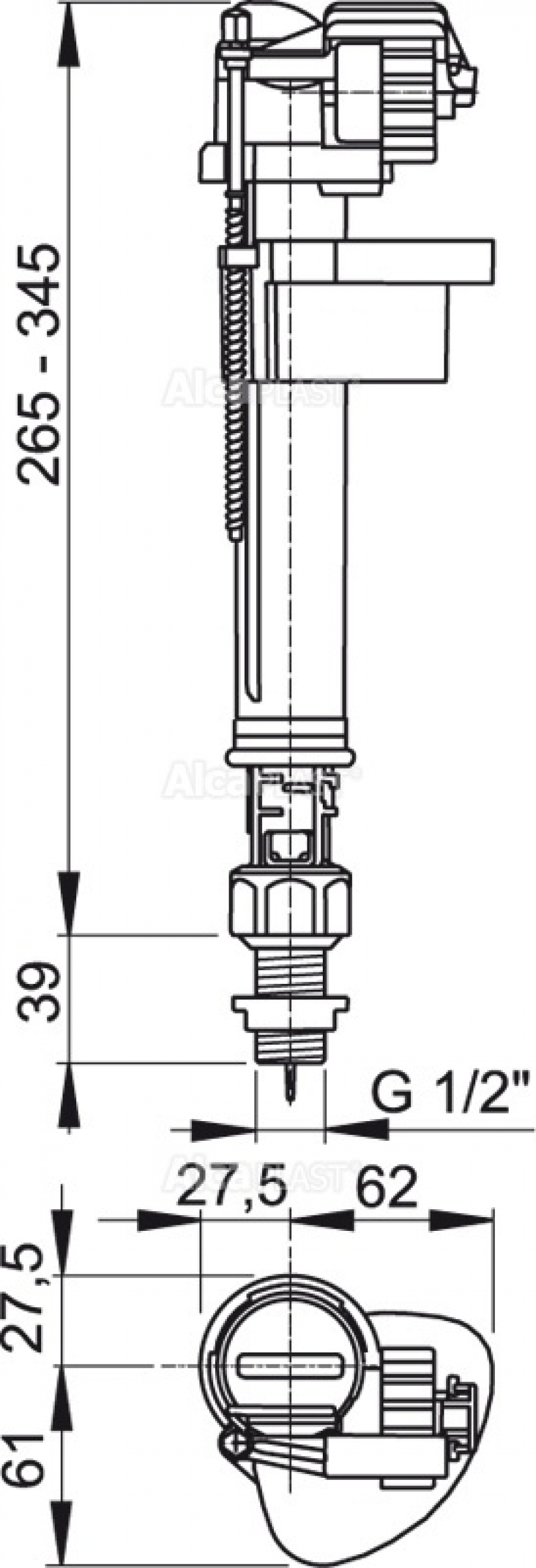 Впускной механизм с нижней подводкой Alcaplast A17-1/2 пластиковая резьба