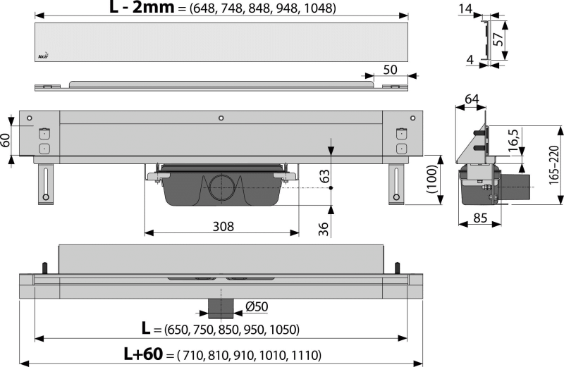 Дренажная система для монтажа в стену, арт.APZ5-SHADE-650+AEZ121-650