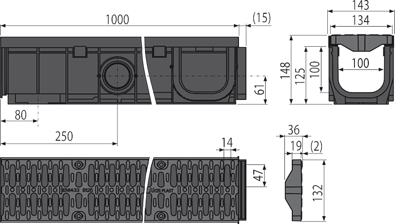Дренажный канал 100 мм с пласт. рамой и решеткой из композитного мат., класс В125, арт.AVZ104-R402