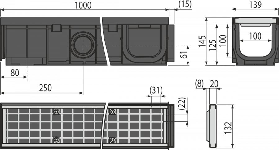 Дренажный канал 100 мм с интегрированной пластиковой рамой и оцинкованной решеткой, арт. AVZ102-R103