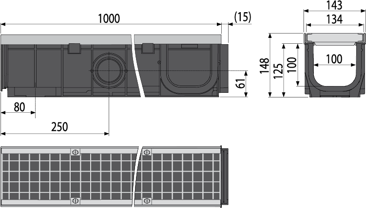 Дренажный канал 100 мм с оцинкованной рамой и оцинкованной решеткой, арт. AVZ103-R104