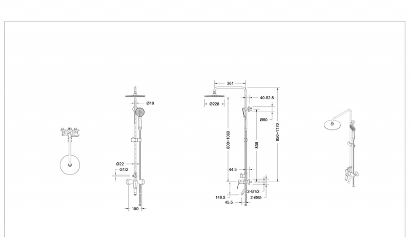 Душевая колонна со смесителем для ванны, поворотный излив (верхний душ круглой формы 225mm) F6429564BW-A-ENG