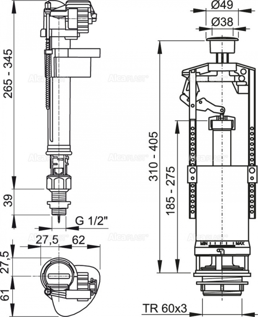 Арматура для унитаза Alcaplast SA2000SK 1/2 нижняя подводка (металл), стоп кнопка