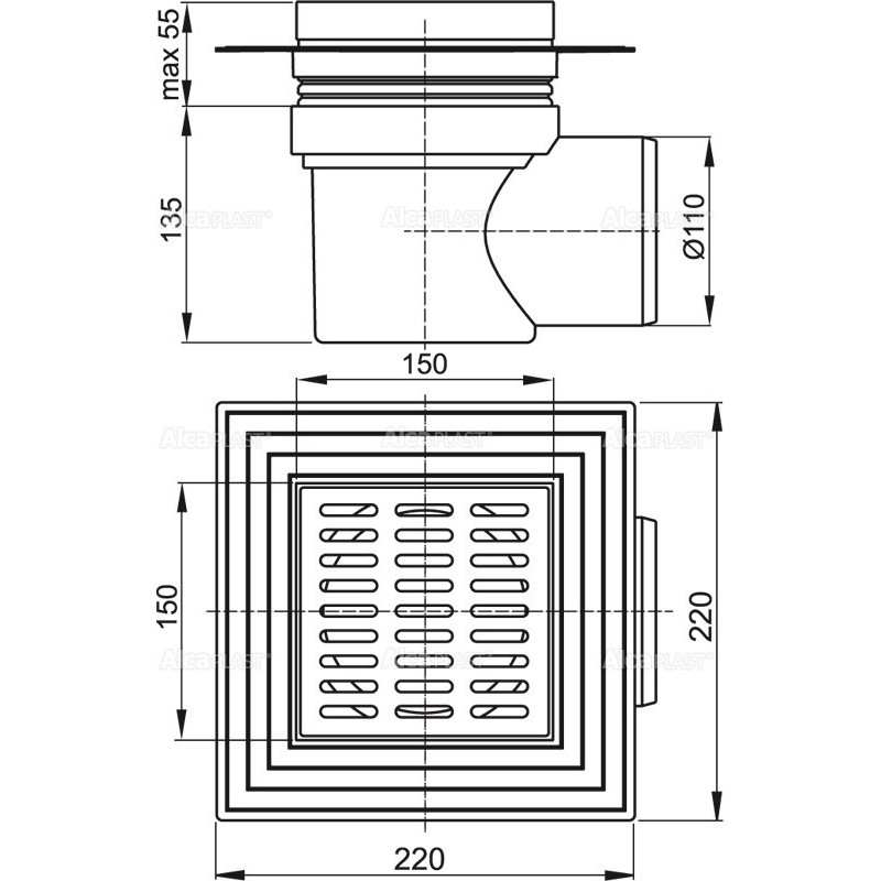 Сливной трап Alcaplast APV12 150x150/110 выпуск боковой, гидрозатвор