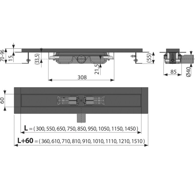 Водоотводящий желоб Alcaplast APZ101BLACK 1150 Low цвет черный-матовый, горизонтальный выпуск, низкий