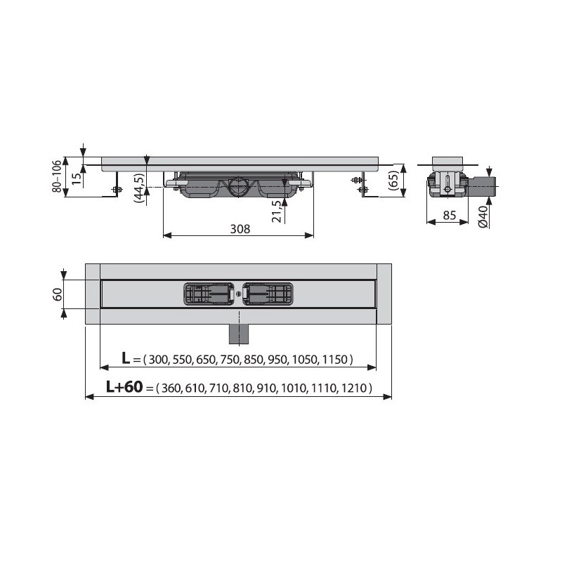 Водоотводящий желоб Alcaplast APZ106-950 Professional Low горизонтальный выпуск, низкий