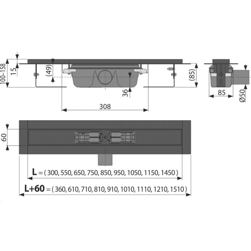 Водоотводящий желоб Alcaplast APZ1BLACK 650 горизонтальный выпуск, цвет черный-матовый