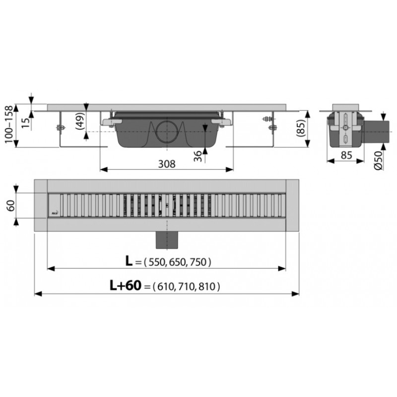 Водоотводящий желоб Alcaplast APZ1SMART-LINE 650 горизонтальный выпуск
