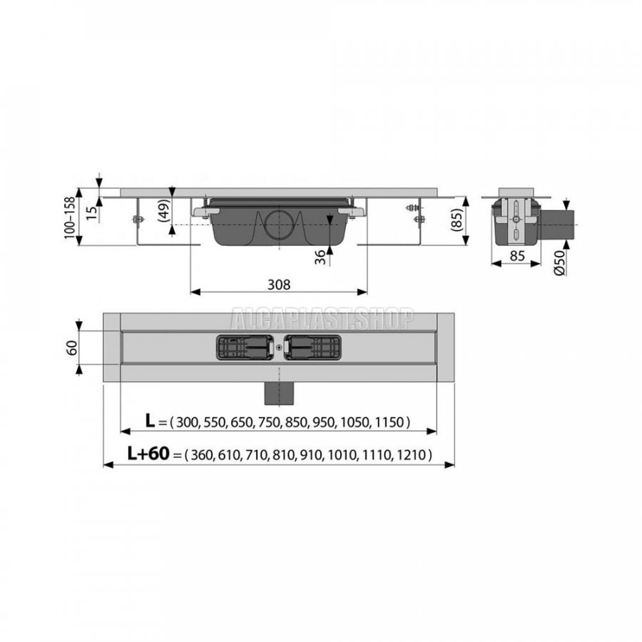Водоотводящий желоб с порогами для перфорированной решетки, верт. сток, арт.APZ1001S-1150
