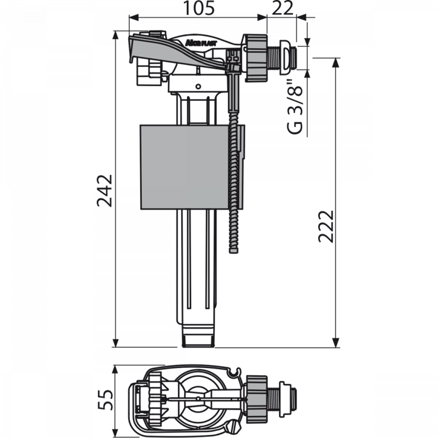 Впускной механизм с боковой подводкой и металлической резьбой для пластиковых бачков, арт.A160P-3/8